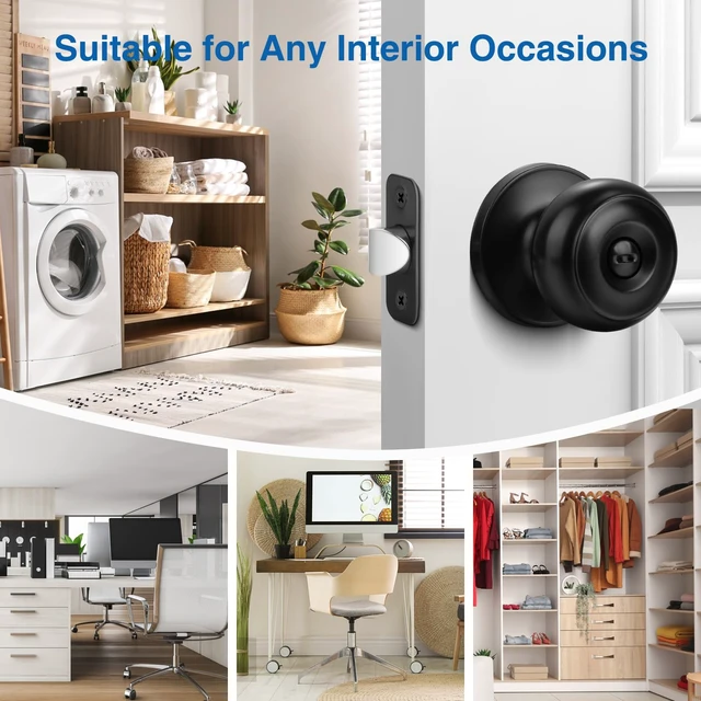 Alt view image 2 of 7 - Privacy Door Knob, 5 Pack Black Round Keyless Doorknobs Interior Lockset Matte Black Locking Door Knob for Bedroom/Bathroom, Privacy Modern Design Door Hardware Reversible for Left/Right Door Handle