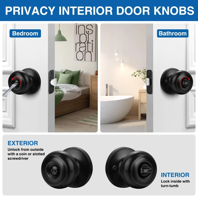 Alt view image 3 of 7 - Privacy Door Knob, 5 Pack Black Round Keyless Doorknobs Interior Lockset Matte Black Locking Door Knob for Bedroom/Bathroom, Privacy Modern Design Door Hardware Reversible for Left/Right Door Handle