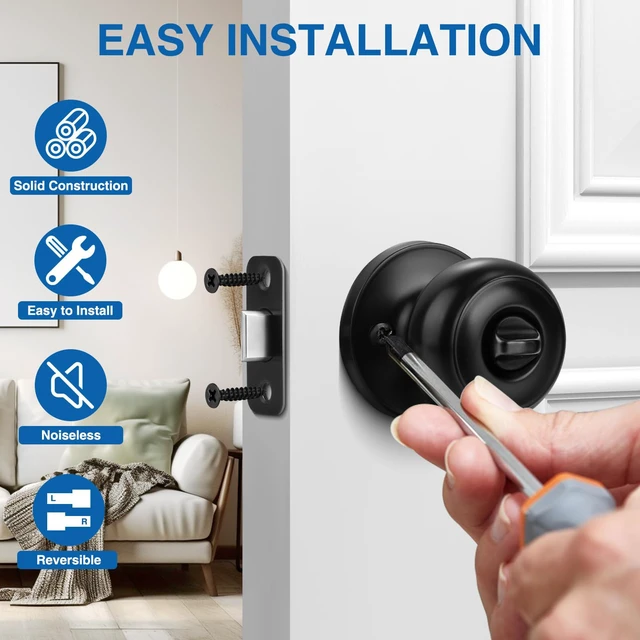 Alt view image 4 of 7 - Privacy Door Knob, 5 Pack Black Round Keyless Doorknobs Interior Lockset Matte Black Locking Door Knob for Bedroom/Bathroom, Privacy Modern Design Door Hardware Reversible for Left/Right Door Handle