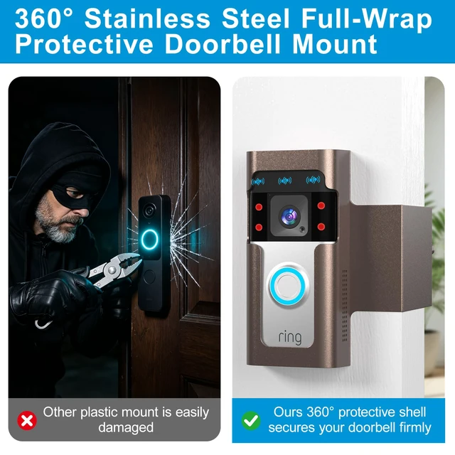 Alt view image 3 of 7 - Ring Doorbell Mount, Anti-Theft, No Drill, Renter Friendly Stainless Steel, Powder Coated For Apartments & Rentals Easy Remove for Charging Hidden Screws, Tamper Resistant