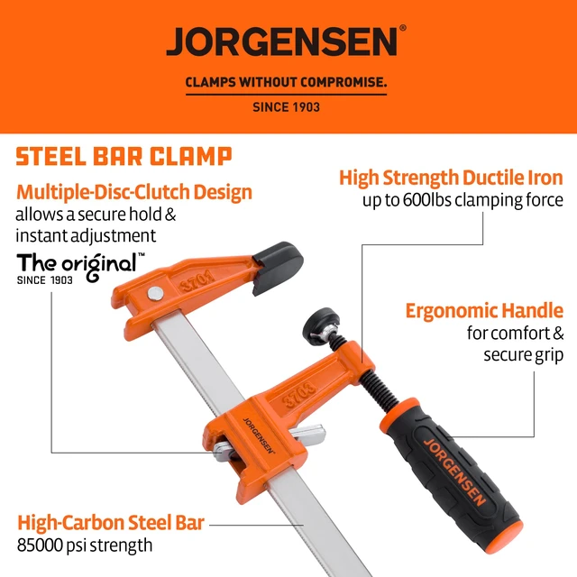 Alt view image 2 of 7 - 30" Medium-Duty Steel Bar Clamp Set, 600 lbs Load Limit, 2-Pack F Clamps for Woodworking, Metalworking and DIY Projects