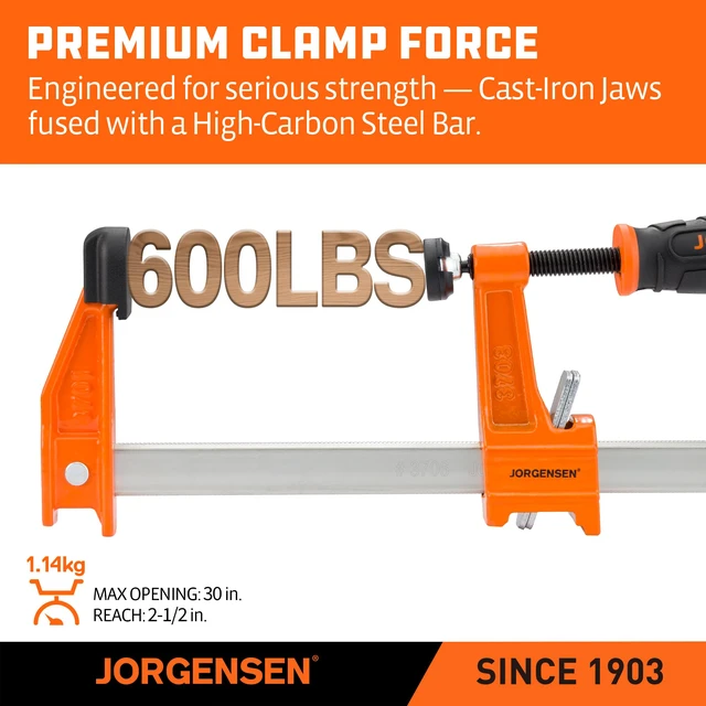 Alt view image 3 of 7 - 30" Medium-Duty Steel Bar Clamp Set, 600 lbs Load Limit, 2-Pack F Clamps for Woodworking, Metalworking and DIY Projects