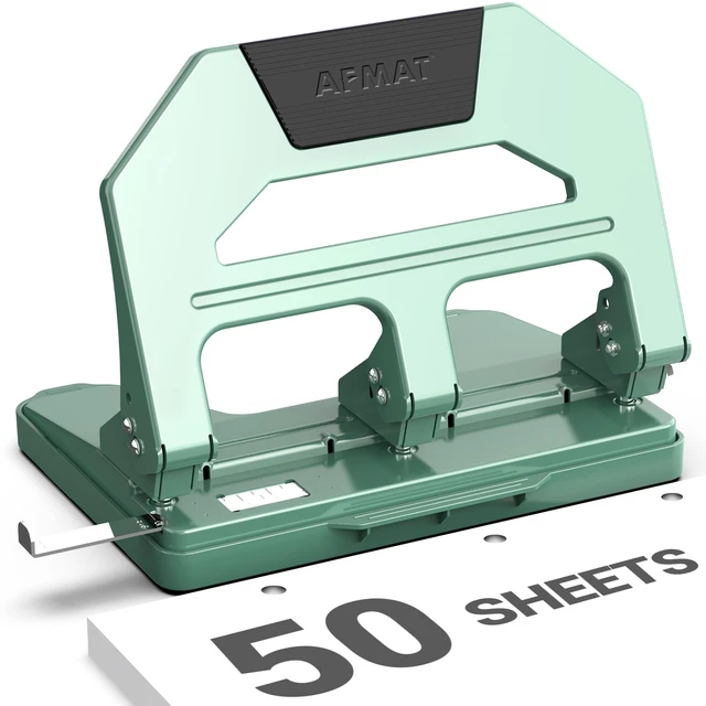 Main image of Heavy Duty 3 Hole Puncher, 50-Sheet Paper Punch Heavy Duty, 50% Reduced Effort Three Hole Punch, 10K+ Uses, Metal Hole Puncher 3 Ring w/Large Tray, Bulit-in S.S. Paper Guide HPX4(Green)