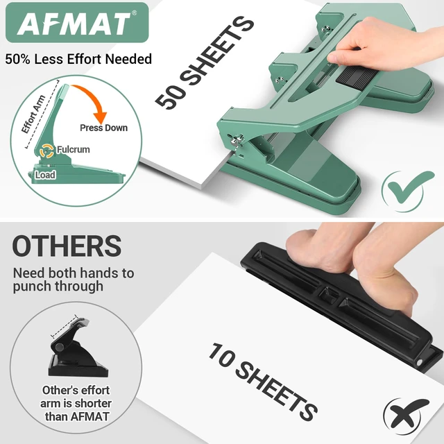 Alt view image 2 of 6 - Heavy Duty 3 Hole Puncher, 50-Sheet Paper Punch Heavy Duty, 50% Reduced Effort Three Hole Punch, 10K+ Uses, Metal Hole Puncher 3 Ring w/Large Tray, Bulit-in S.S. Paper Guide HPX4(Green)