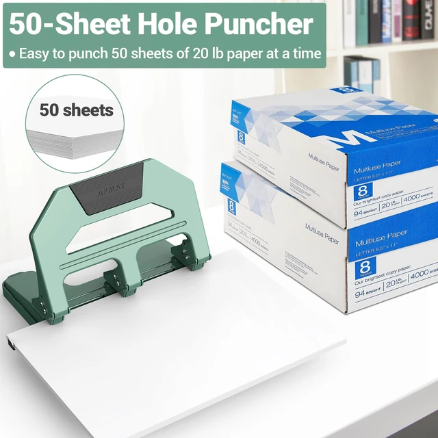 Alt view image 3 of 6 - Heavy Duty 3 Hole Puncher, 50-Sheet Paper Punch Heavy Duty, 50% Reduced Effort Three Hole Punch, 10K+ Uses, Metal Hole Puncher 3 Ring w/Large Tray, Bulit-in S.S. Paper Guide HPX4(Green)