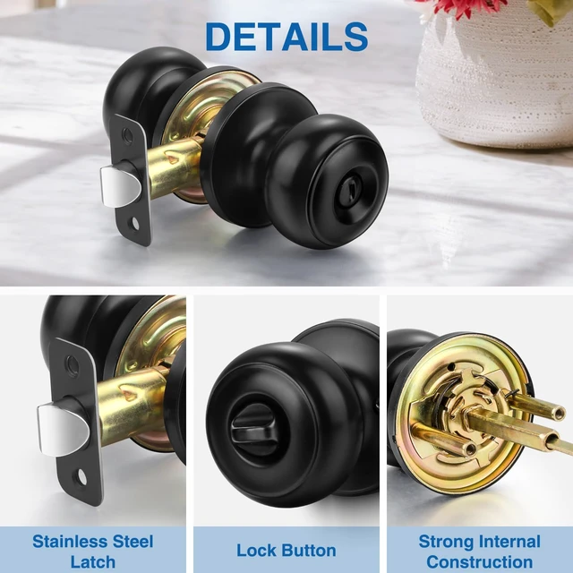 Alt view image 7 of 7 - Privacy Door Knob, 5 Pack Black Round Keyless Doorknobs Interior Lockset Matte Black Locking Door Knob for Bedroom/Bathroom, Privacy Modern Design Door Hardware Reversible for Left/Right Door Handle