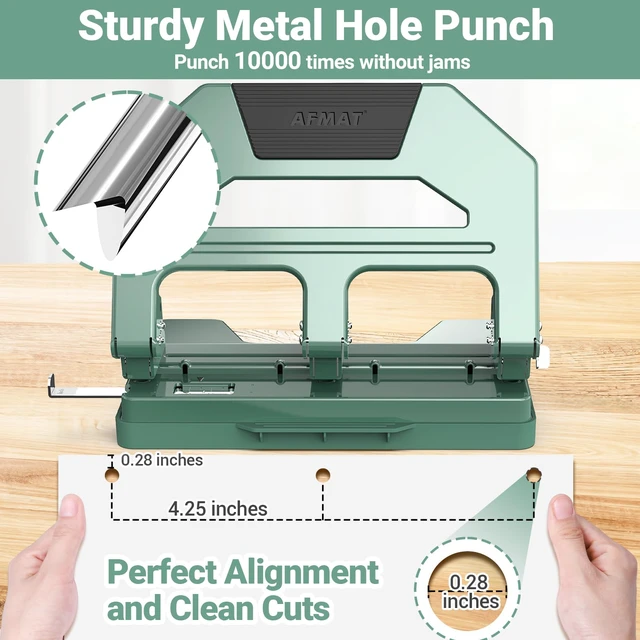 Alt view image 4 of 6 - Heavy Duty 3 Hole Puncher, 50-Sheet Paper Punch Heavy Duty, 50% Reduced Effort Three Hole Punch, 10K+ Uses, Metal Hole Puncher 3 Ring w/Large Tray, Bulit-in S.S. Paper Guide HPX4(Green)
