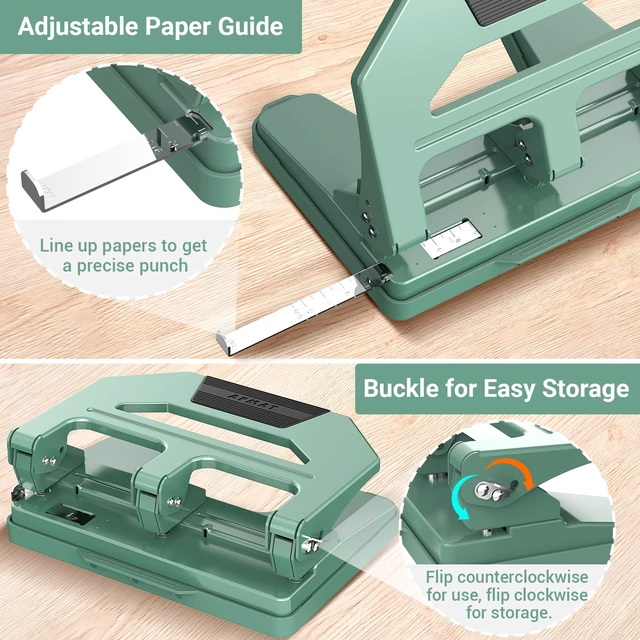 Alt view image 5 of 6 - Heavy Duty 3 Hole Puncher, 50-Sheet Paper Punch Heavy Duty, 50% Reduced Effort Three Hole Punch, 10K+ Uses, Metal Hole Puncher 3 Ring w/Large Tray, Bulit-in S.S. Paper Guide HPX4(Green)