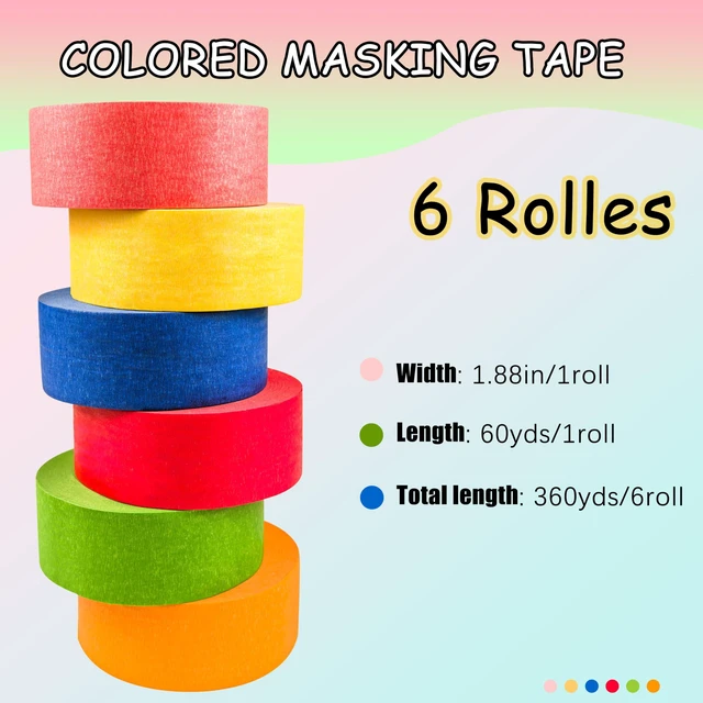 Alt view image 2 of 6 - Colored Masking Tape 1.88 inches x 60 Yards,Rainbow Colors Painters Tape 6 Rolls Colorful Painters Tape for Painting, Arts & Crafts, Labeling, Residue-Free Removal, Easy Hand-Tear