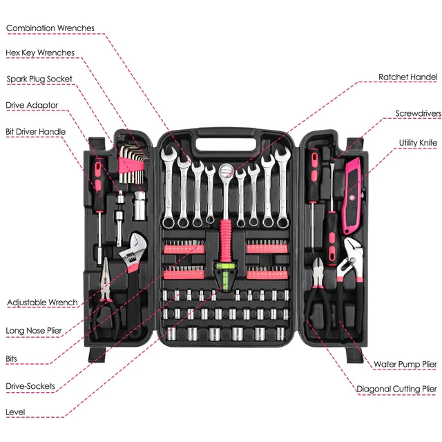 Alt view image 2 of 7 - 95-Piece Home Tool Set with Storage Case, Pink Wrench, Pliers, Sockets And Bits in One Case; Household Maintenance, Apartment Projects And DIY Repairs