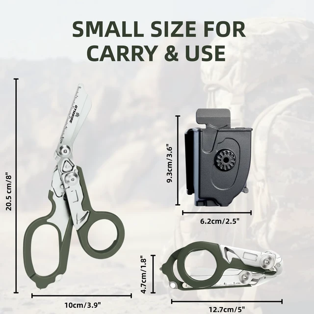 Alt view image 2 of 7 - Heavy Duty 6 in 1 Multifunctional Trauma Shears Foldable | Stainless Steel emergency response scissors | Survival Shears with Holster | Medical Trauma shears Tactical With Strap Cutter | Green