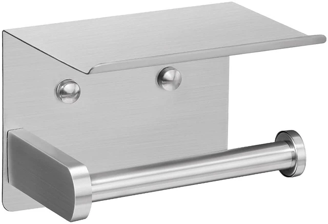 Main image of Self Adhesive Toilet Paper Holder with Phone Shelf Stainless Steel Wall Mounted Toilet Paper Roll Holder - Rustproof and Bathroom Washroom Tissue Roll Holder with Storage Shelf - Silver