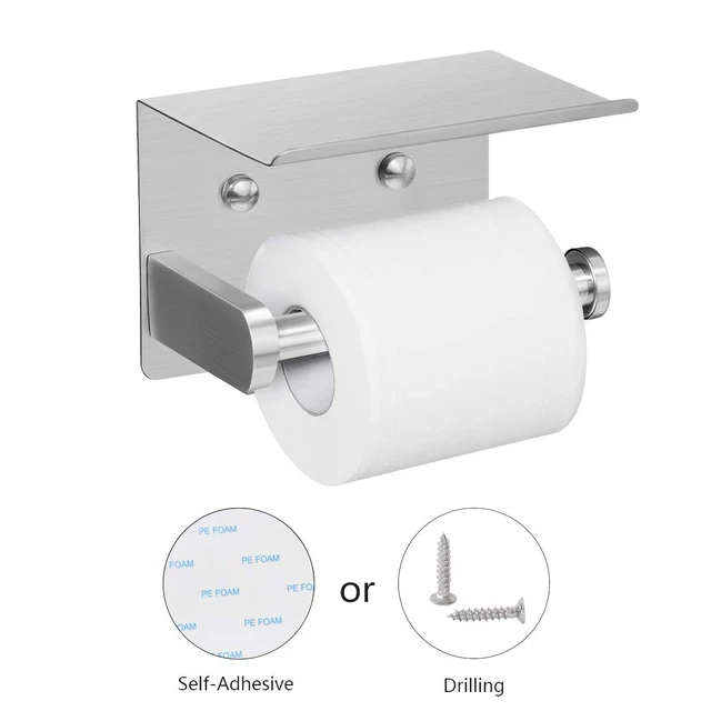 Alt view image 2 of 7 - Self Adhesive Toilet Paper Holder with Phone Shelf Stainless Steel Wall Mounted Toilet Paper Roll Holder - Rustproof and Bathroom Washroom Tissue Roll Holder with Storage Shelf - Silver