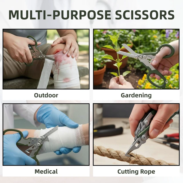 Alt view image 4 of 7 - Heavy Duty 6 in 1 Multifunctional Trauma Shears Foldable | Stainless Steel emergency response scissors | Survival Shears with Holster | Medical Trauma shears Tactical With Strap Cutter | Green
