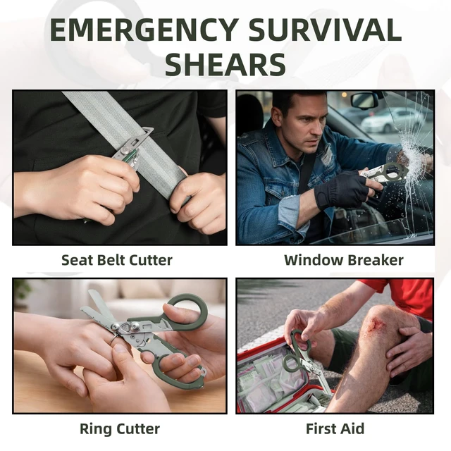Alt view image 5 of 7 - Heavy Duty 6 in 1 Multifunctional Trauma Shears Foldable | Stainless Steel emergency response scissors | Survival Shears with Holster | Medical Trauma shears Tactical With Strap Cutter | Green