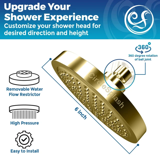 Alt view image 4 of 7 - Shower Head - High Pressure 2.5 GPM - Gold Anti-clog silicone nozzles, removable restrictor, easy-clean fixed replacement