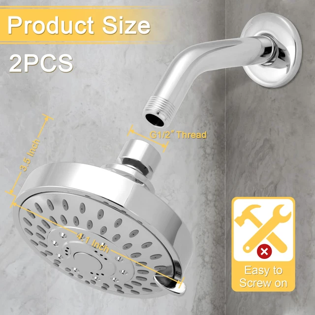 Alt view image 2 of 7 - High Pressure Rain Shower Head 2PCS 5 Modes 4.1 Inch Chrome Silver Low Water Pressure Compatible, Powerful Spray Fixed Showerhead for a Relaxing Indoor & Outdoor Shower