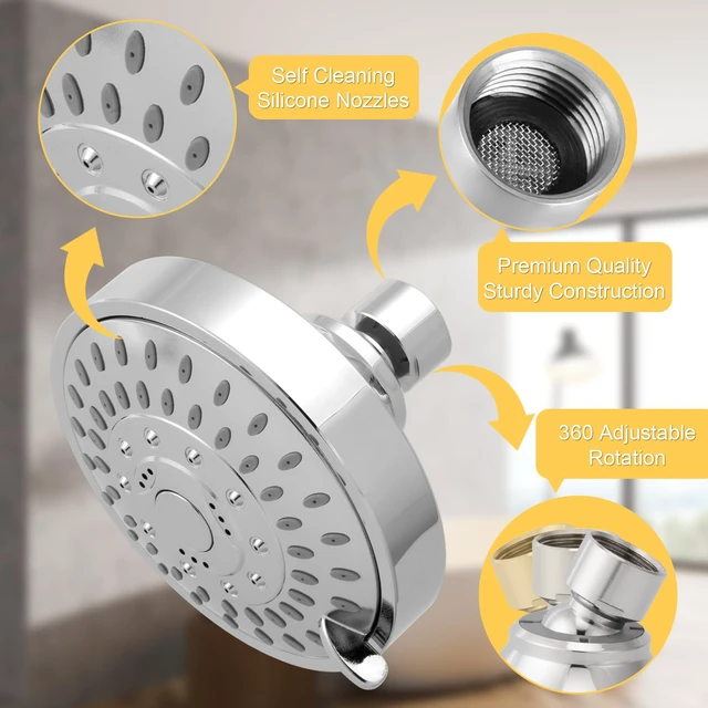 Alt view image 3 of 7 - High Pressure Rain Shower Head 2PCS 5 Modes 4.1 Inch Chrome Silver Low Water Pressure Compatible, Powerful Spray Fixed Showerhead for a Relaxing Indoor & Outdoor Shower