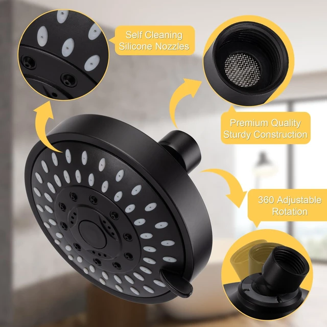 Alt view image 3 of 7 - High Pressure Rain Shower Head 2PCS 5 Modes 4.1 Inch Matte Black Low Water Pressure Compatible, Powerful Spray Fixed Showerhead for a Relaxing Indoor & Outdoor Shower