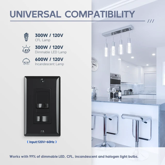 Alt view image 2 of 7 - Dimmer Light Switch, Single-Pole/3 Way Dimmer Switch, Black, 4 Pack Slide Dimmer Switches Compatible with 300W Dimmable LED/CFL or 600W INC/HAL Bulbs, No Neutral Wire Required, ETL & FCC Listed