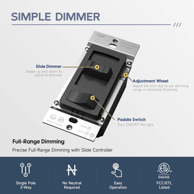 Alt view image 3 of 7 - Dimmer Light Switch, Single-Pole/3 Way Dimmer Switch, Black, 4 Pack Slide Dimmer Switches Compatible with 300W Dimmable LED/CFL or 600W INC/HAL Bulbs, No Neutral Wire Required, ETL & FCC Listed