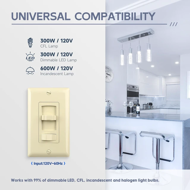 Alt view image 2 of 7 - Dimmer Electrical Light Switch, Single-Pole or 3 Way Full Range Dimming Decora Wall Switches for LED Light/CFL/Incandescent, Wall Plate Included, ETL Listed, Ivory, 4 Pack