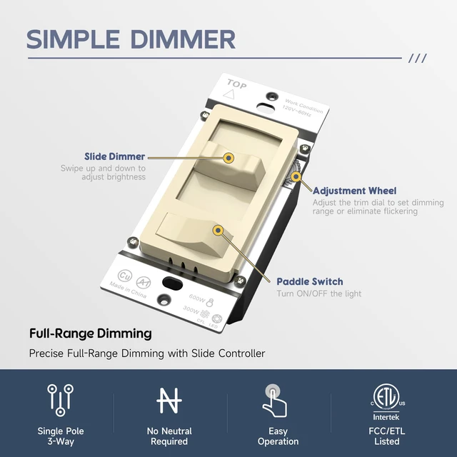 Alt view image 3 of 7 - Dimmer Electrical Light Switch, Single-Pole or 3 Way Full Range Dimming Decora Wall Switches for LED Light/CFL/Incandescent, Wall Plate Included, ETL Listed, Ivory, 4 Pack
