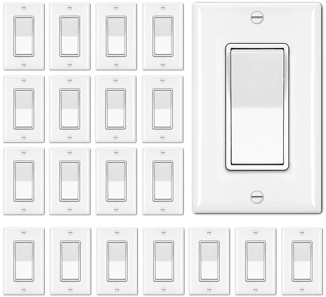 Main image of 20-Pack 3-Way Decorator Wall Light Switch with Wallplate, White UL Listed, 15A 120V/277V, Single Pole or Three Way, On/Off Rocker Paddle Switch, 3 Wire, Residential and Commercial Grade