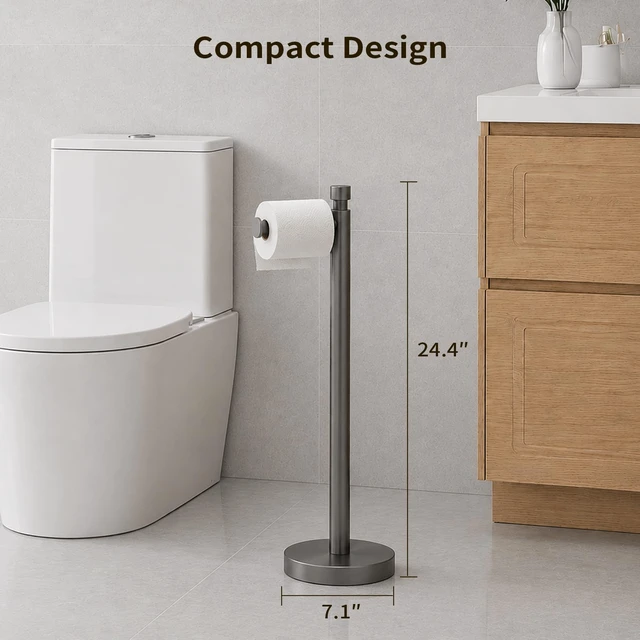 Alt view image 2 of 6 - Toilet Paper Holder Stand with Weighted Base, Brushed Graphite Stainless Steel Design with Open-Arm Access for Bathrooms and Powder Rooms