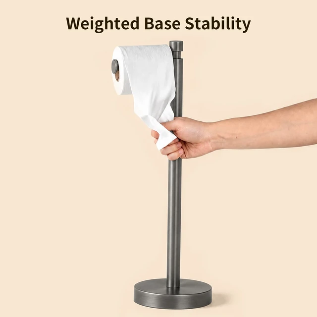 Alt view image 3 of 6 - Toilet Paper Holder Stand with Weighted Base, Brushed Graphite Stainless Steel Design with Open-Arm Access for Bathrooms and Powder Rooms