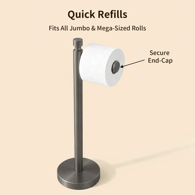 Alt view image 5 of 6 - Toilet Paper Holder Stand with Weighted Base, Brushed Graphite Stainless Steel Design with Open-Arm Access for Bathrooms and Powder Rooms