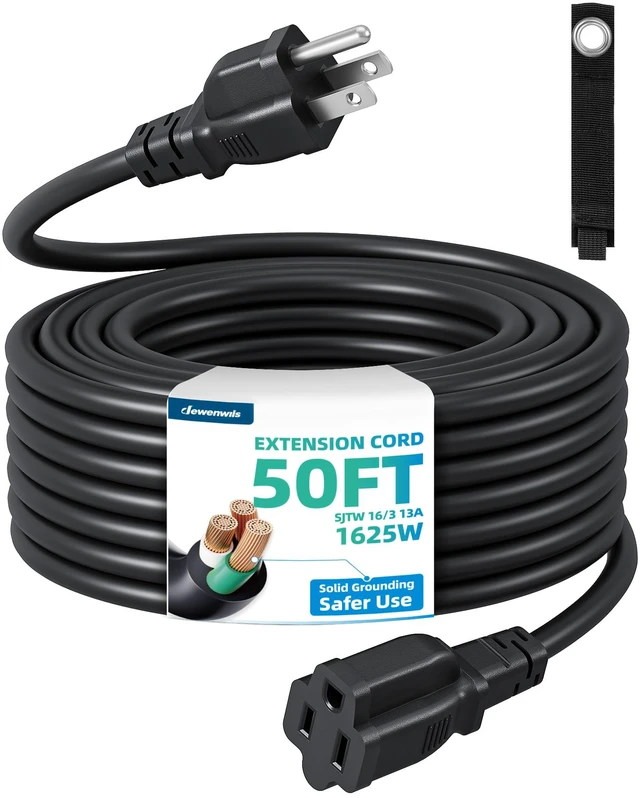 Main image of 50FT 16/3 Outdoor Extension Cord, 125V/13A, Black, ETL Listed Storage Strap, 3 Prong SJTW Weatherproof Power Cable, Heavy-Duty Copper Construction, Ideal for Indoor/Outdoor Appliances