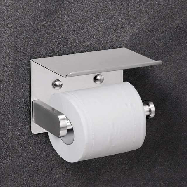 Alt view image 4 of 7 - Self Adhesive Toilet Paper Holder with Phone Shelf Stainless Steel Wall Mounted Toilet Paper Roll Holder - Rustproof and Bathroom Washroom Tissue Roll Holder with Storage Shelf - Silver