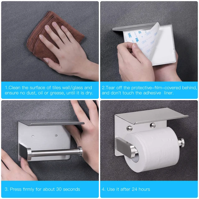 Alt view image 6 of 7 - Self Adhesive Toilet Paper Holder with Phone Shelf Stainless Steel Wall Mounted Toilet Paper Roll Holder - Rustproof and Bathroom Washroom Tissue Roll Holder with Storage Shelf - Silver