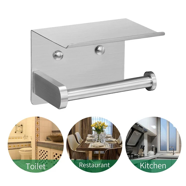 Alt view image 7 of 7 - Self Adhesive Toilet Paper Holder with Phone Shelf Stainless Steel Wall Mounted Toilet Paper Roll Holder - Rustproof and Bathroom Washroom Tissue Roll Holder with Storage Shelf - Silver