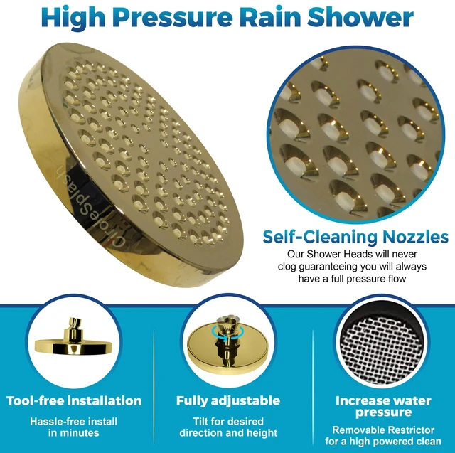 Alt view image 2 of 7 - Shower Head - High Pressure 2.5 GPM - Gold Anti-clog silicone nozzles, removable restrictor, easy-clean fixed replacement