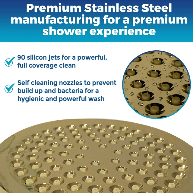 Alt view image 3 of 7 - Shower Head - High Pressure 2.5 GPM - Gold Anti-clog silicone nozzles, removable restrictor, easy-clean fixed replacement