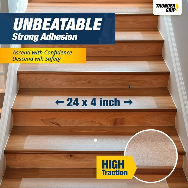 Alt view image 4 of 6 - Clear Stair Treads Non-Slip Indoor 24" x 4" 18-Pack - Stair Grips for Wood Anti Slip Adhesive Strips for Dogs & Elderly, Staircase Step Treads, Transparent Treads for Wood Stairs by