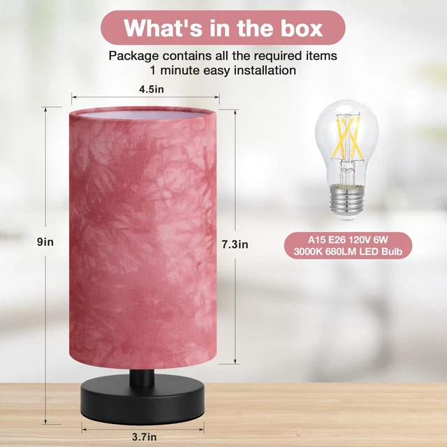Alt view image 3 of 7 - Small Table Lamps(Pink Shade - Black Base, 9" Inline Control) 3000K LED Blub Included 680 Lumens Easy Assembly Minimalist Design E26 for Kitchen for Kids Room