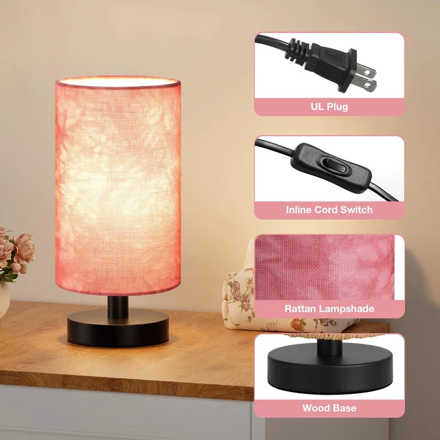 Alt view image 2 of 7 - Small Table Lamps(Pink Shade - Black Base, 9" Inline Control) 3000K LED Blub Included 680 Lumens Easy Assembly Minimalist Design E26 for Kitchen for Kids Room