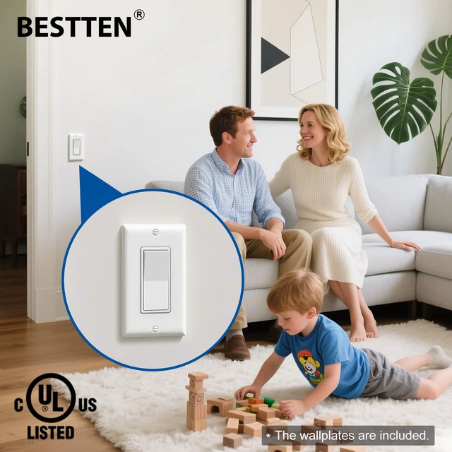 Alt view image 2 of 7 - 20-Pack 3-Way Decorator Wall Light Switch with Wallplate, White UL Listed, 15A 120V/277V, Single Pole or Three Way, On/Off Rocker Paddle Switch, 3 Wire, Residential and Commercial Grade