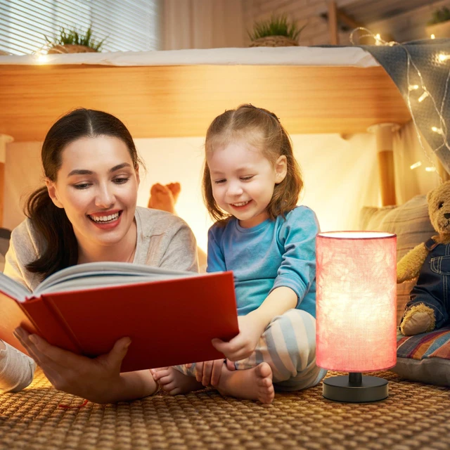 Alt view image 7 of 7 - Small Table Lamps(Pink Shade - Black Base, 9" Inline Control) 3000K LED Blub Included 680 Lumens Easy Assembly Minimalist Design E26 for Kitchen for Kids Room