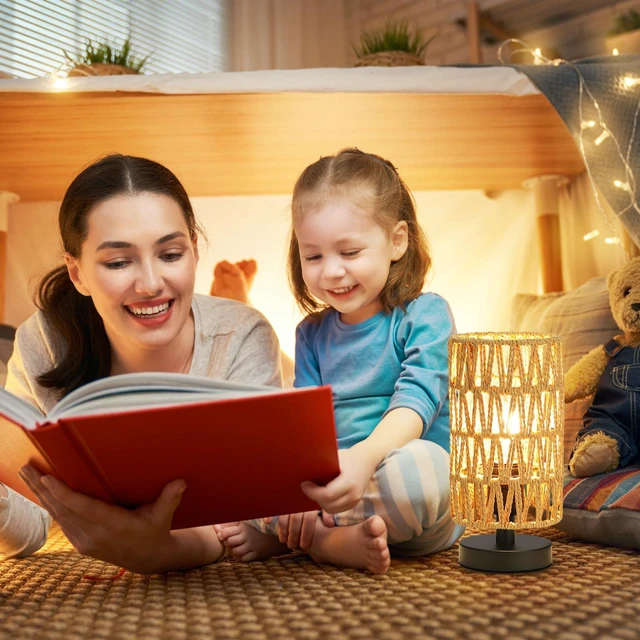 Alt view image 5 of 7 - Table Lamps (Rattan Rope Shade - Black Base, 9" Inline Control) 3000K LED Blub Included 680 Lumens Easy Assembly Minimalist Design E26 for Kitchen for Kids Room
