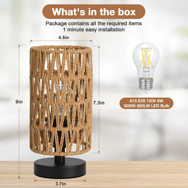 Alt view image 3 of 7 - Table Lamps (Rattan Rope Shade - Black Base, 9" Inline Control) 3000K LED Blub Included 680 Lumens Easy Assembly Minimalist Design E26 for Kitchen for Kids Room