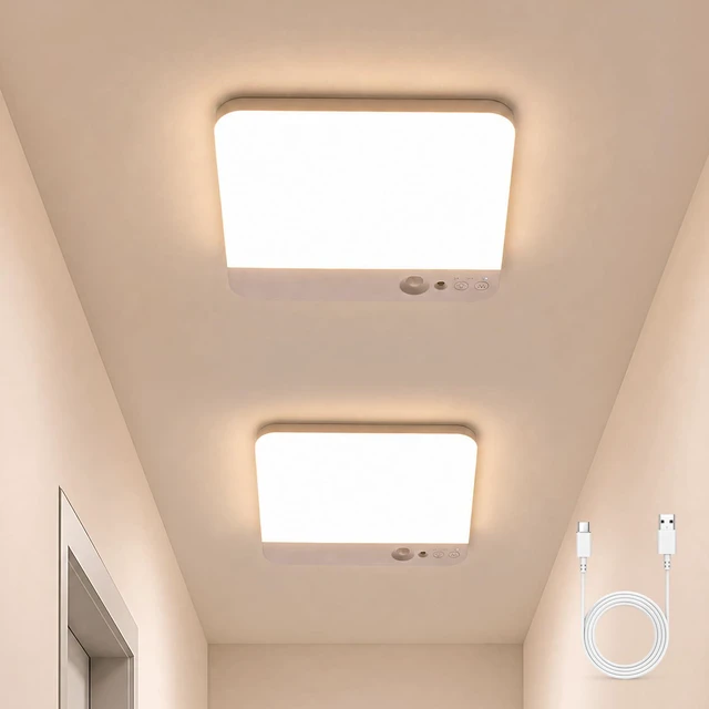 Main image of Rechargeable Closet Lights Motion Sensored Wireless Renter Friendly 2 Pack Square Ceiling Lights No Wiring Needed, Magnetic, with Remote, Stick on Shower Hallway, Lampara de Techo Recargable
