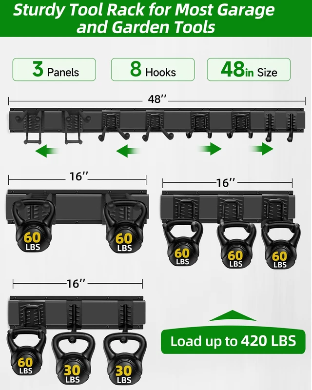 Alt view image 4 of 7 - Garden Tool Organizer 48 inches with 18 Garage Wall Hooks in 9 Types Thick Alloy Steel, Adjustable Hooks, Wear & Tear Resistant, Soft Anti-Scratch Hook Sleeves, For Yard Tools, Shovels, Shed