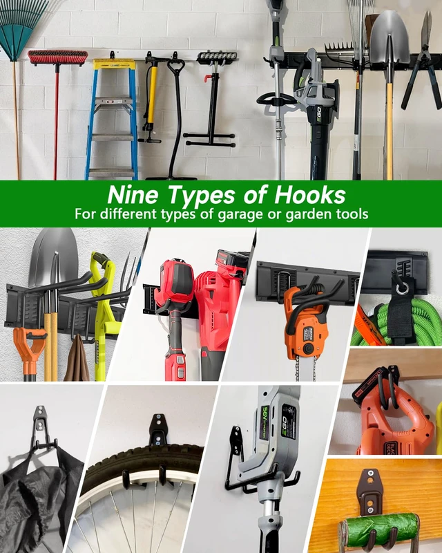 Alt view image 5 of 7 - Garden Tool Organizer 48 inches with 18 Garage Wall Hooks in 9 Types Thick Alloy Steel, Adjustable Hooks, Wear & Tear Resistant, Soft Anti-Scratch Hook Sleeves, For Yard Tools, Shovels, Shed
