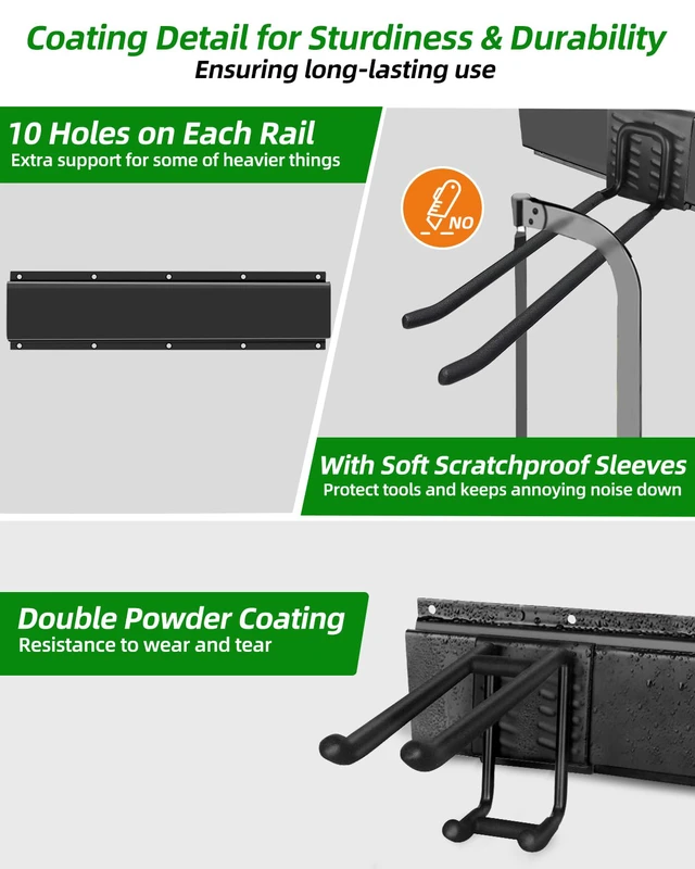Alt view image 7 of 7 - Garden Tool Organizer 48 inches with 18 Garage Wall Hooks in 9 Types Thick Alloy Steel, Adjustable Hooks, Wear & Tear Resistant, Soft Anti-Scratch Hook Sleeves, For Yard Tools, Shovels, Shed