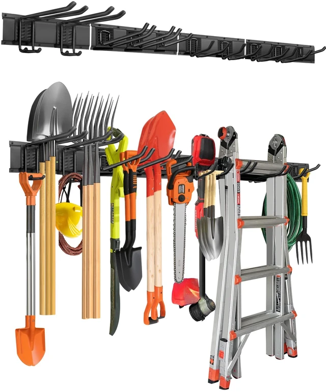 Main image of 64 in Garage Tool Organizer Wall Mount, Adjustable Tool Storage Rack Heavy-duty 510 LBS, 10 Hooks in 4 Types, Wear & Tear Resistant, Soft Anti-Scratch Hook Sleeves, For Yard Tools, Shovels, Shed