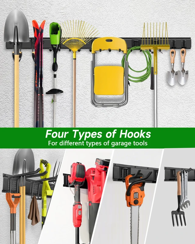 Alt view image 2 of 7 - 64 in Garage Tool Organizer Wall Mount, Adjustable Tool Storage Rack Heavy-duty 510 LBS, 10 Hooks in 4 Types, Wear & Tear Resistant, Soft Anti-Scratch Hook Sleeves, For Yard Tools, Shovels, Shed